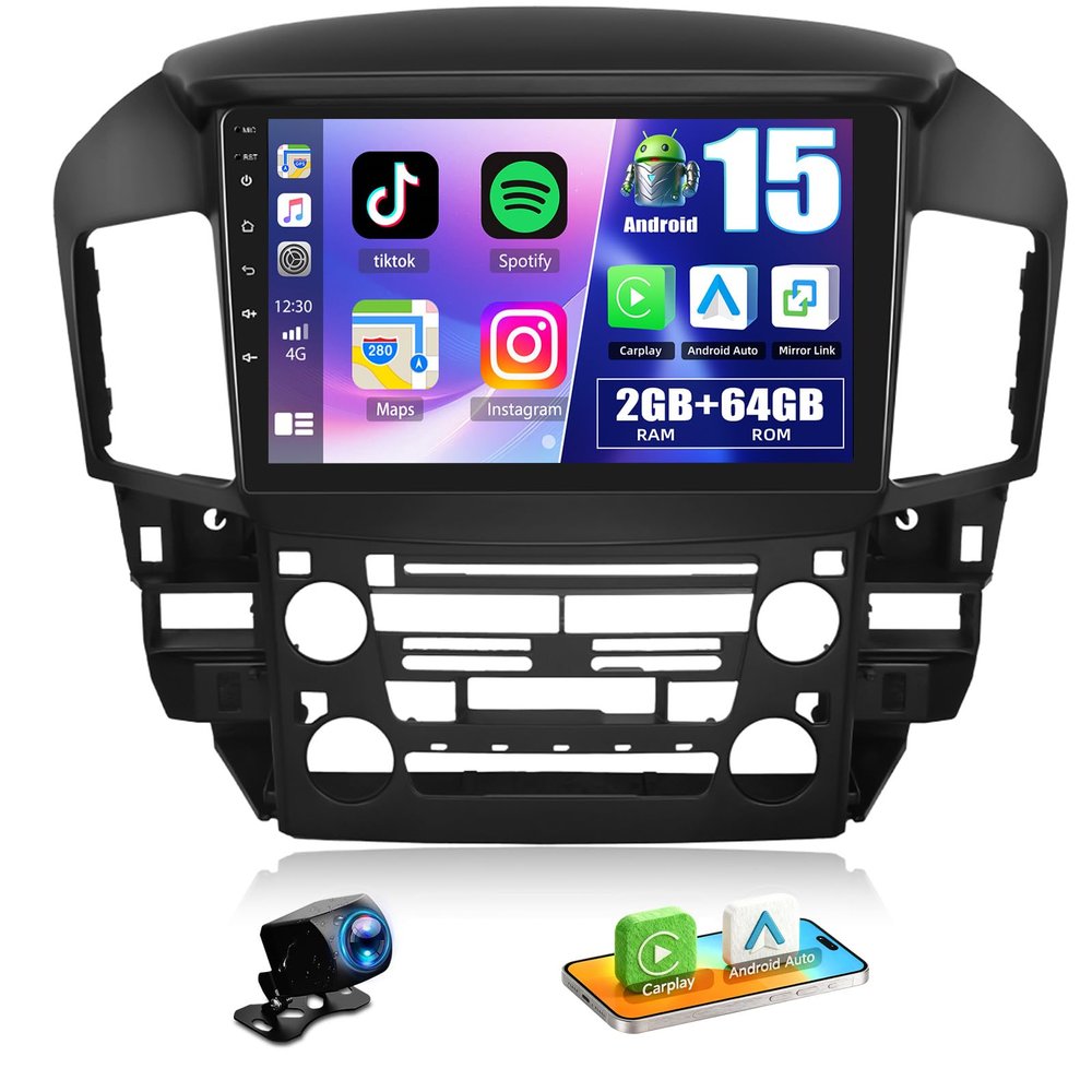 2+64G for Lexus RX300/Toyota Harrier 1997-2003 Android 15 Car Stereo Wireless CarPlay Android Auto Mirror Link Radio, 9 inch Touch Screen with Bluetooth GPS WiFi FM/RDS SWC+AHD Backup Camera