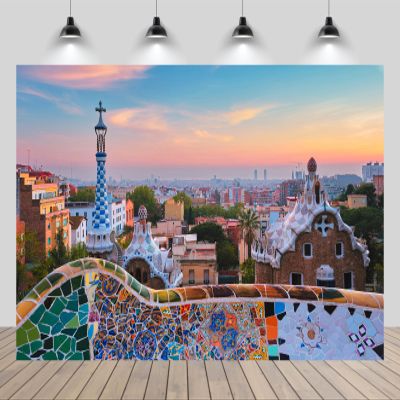 chnywork 10x8ft Spain Barcelona City Backdrop Europe Vintage Guell Park City Line Colorful House Sunset View Background European Spanish Travel Theme Party Decor Photo Booth Props Wallpaper