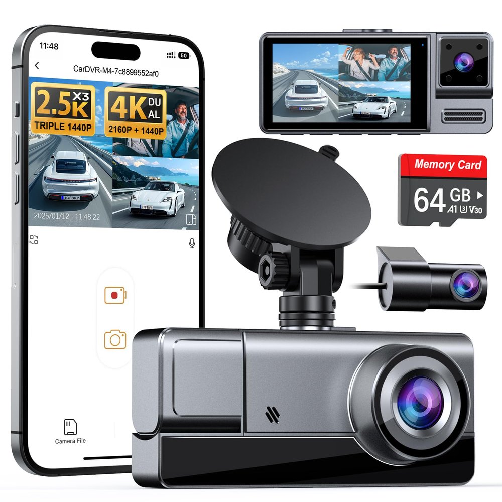 Icesky Three Channel Dash Cam Front and Rear Inside with WiFi 6, Triple Way 2.5K, 4K+2.5K Dual Dash Camera for Cars Front and Rear/Inside, Car Dashcams with 64GB Card, 24H Parking Mode, App Control