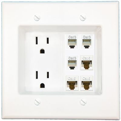 RiteAV Recessed Duplex Receptacle Outlet 3 CAT6 3 Phone Wall Plate White