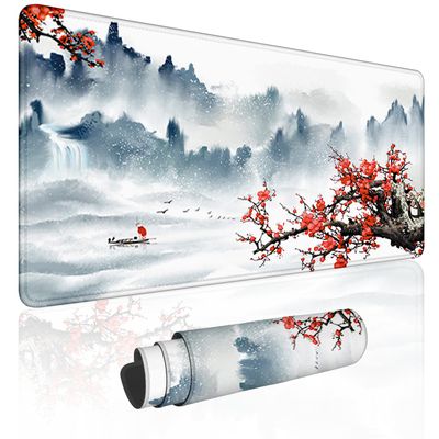 TPLLPK XXL Red Cherry Blossom Mouse Pad Japanese Mountain Range Gaming Mousepad Large Extended Scenery Mouse Mats Non-Slip Rubber Rectangular Office Desk Pads(Size:70x30cm)