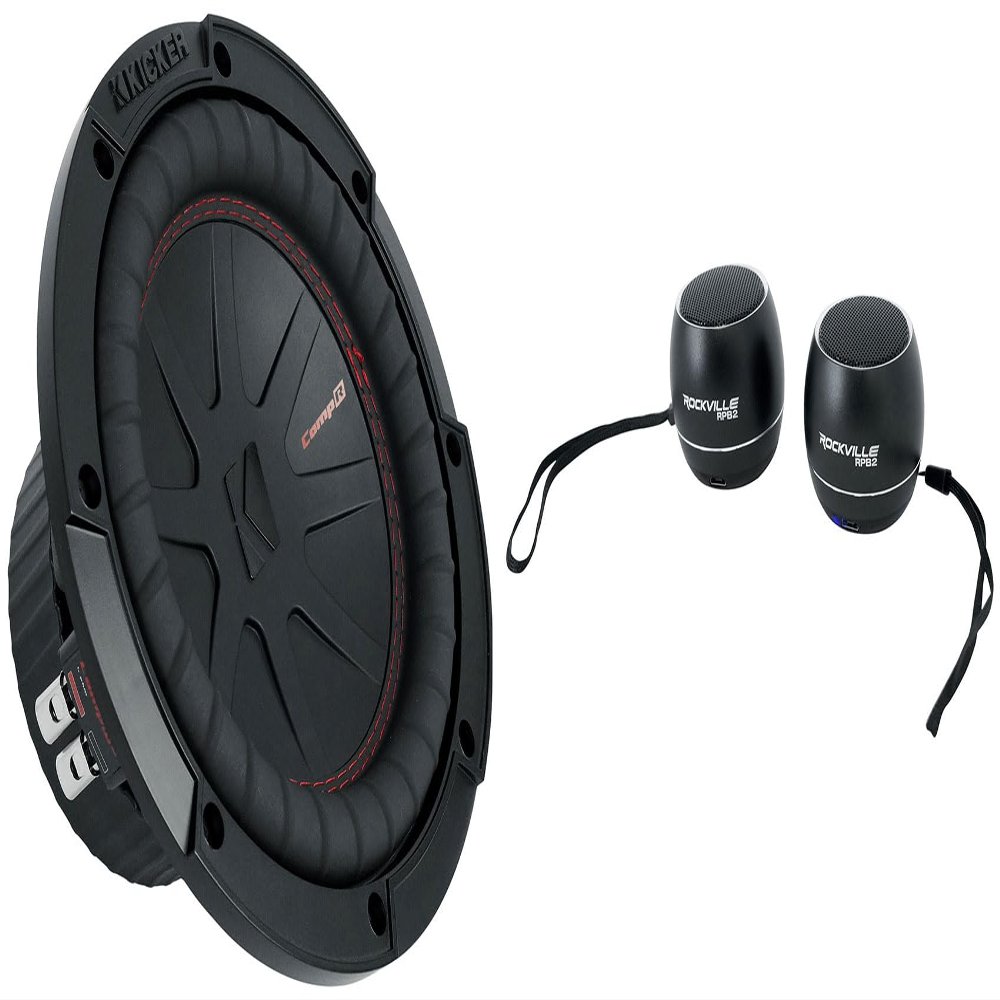 Audiosavings Bundle: (1) Kicker 48CWR84 CompR 600 Watt 8" Subwoofer DVC 4-ohm Car Audio Sub CWR8-4 Bundle with (2) Rockville RPB3-BLACK Handheld Wireless Linking Portable Bluetooth Speakers (3 Items)