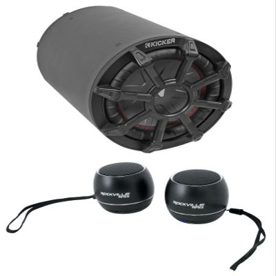 Audiosavings Bundle: (1) KICKER 46CWTB82 8" 600w Marine Loaded Subwoofer Enclosure+Passive Radiator Bundle With (2) Rockville RPB3-BLACK Handheld Wireless Linking Portable Bluetooth Speakers (3 items)