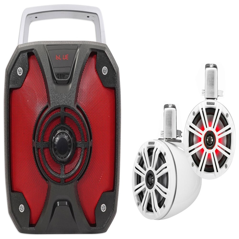Audiosavings Bundle: (2) Kicker 45KMTC65W 6.5" 390w Marine Wakeboard Tower Speakers w/LED's KMTC65 Bundle with (1) Rockville ROCKBOX 6.5" 100 Watt Portable Rechargeable Bluetooth Speaker (3 Item)