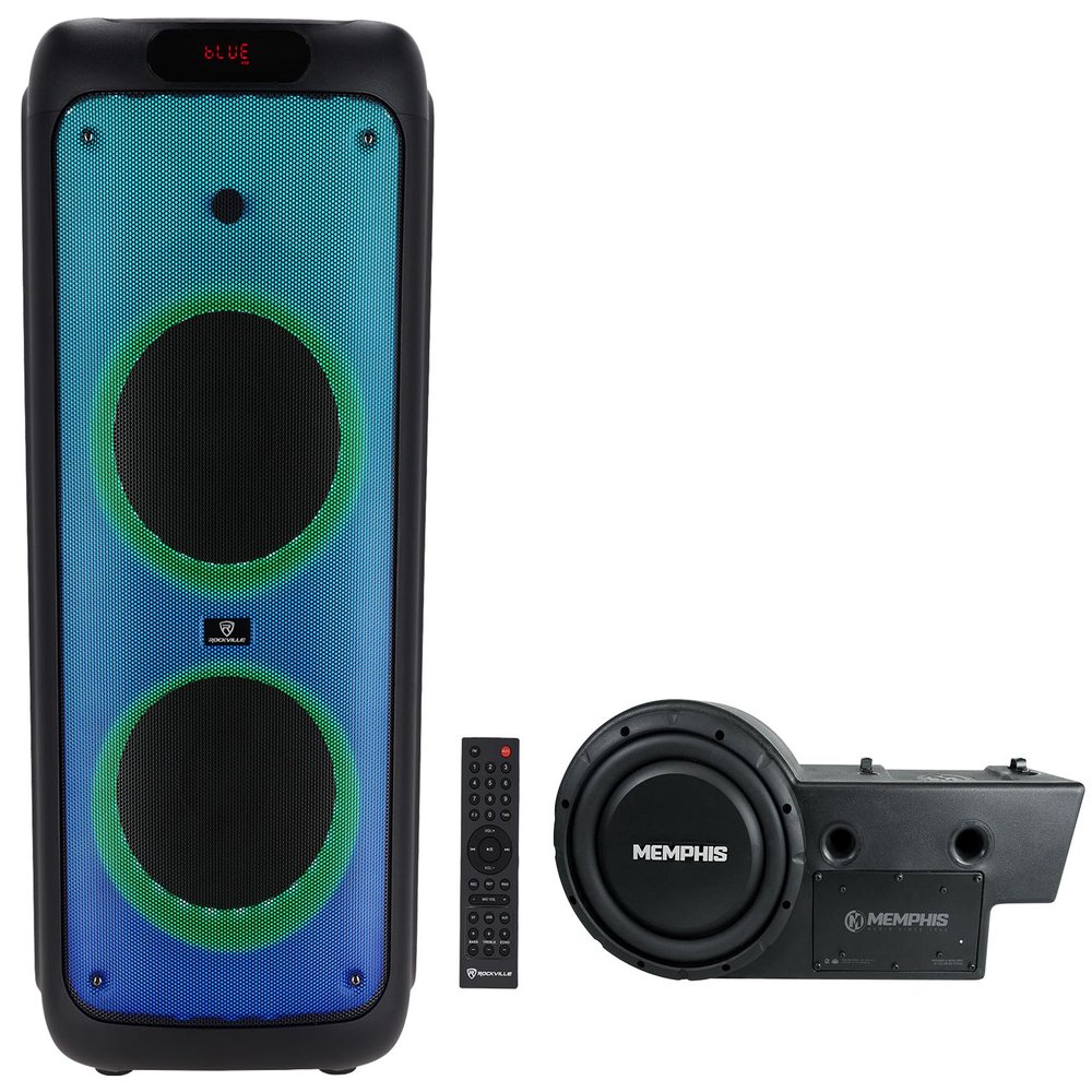 Audiosavings Bundle: (1) Memphis GEN10SE 400w 10" Powered Subwoofer+Enclosure Bundle with (1) Rockville BASS Party 10 Dual 10 inch Portable Battery LED Party Bluetooth Speaker (3 Item)