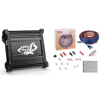 Lanzar Mono-Block Mosfet Amplifier - 2 Ohm Stable, Heritage Series, Low Pass Filter + Pyle Car Stereo Wiring Kit - Audio & Subwoofer Speaker Installation Cables (4 Gauge)