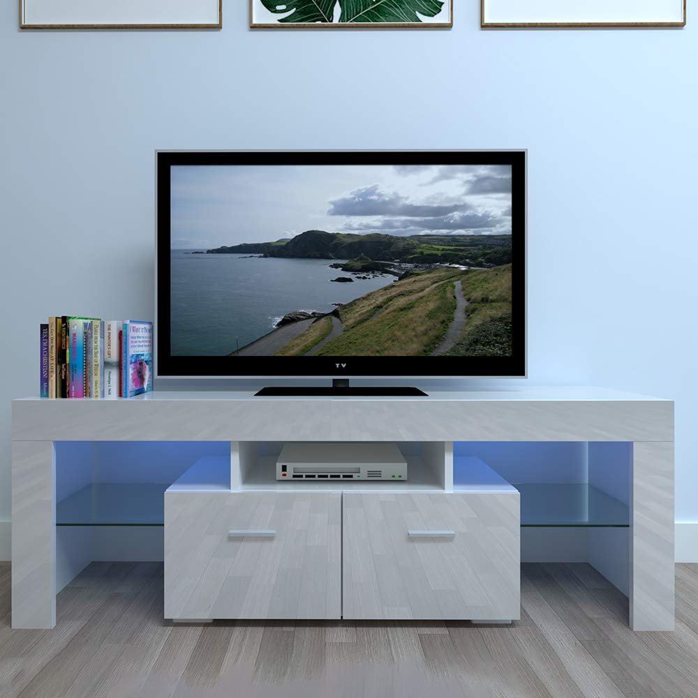 LED Lights TV Console Table, Entertainment Center with Storage, LED TV Stand with Drawer for Living Room Bedroom, Modern Media Console, TV Console with Storage, TV Stand for Living Room, White