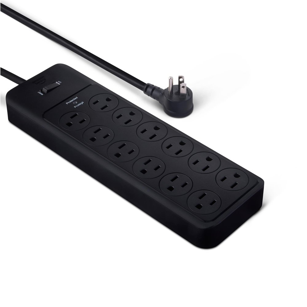 Amazon Basics Surge Protector Power Strip, 12-Outlet, 4000 Joules, 8ft Extension Cord, Rectangle, for Home, Office, Gaming Room, Black