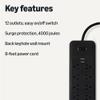 Amazon Basics Surge Protector Power Strip, 12-Outlet, 4000 Joules, 8ft Extension Cord, Rectangle, for Home, Office, Gaming Room, Black view 2