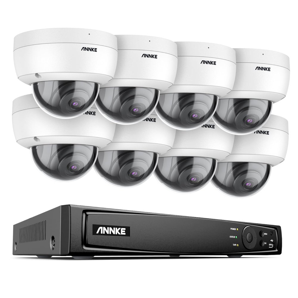 ANNKE PoE Security Camera System, 16CH 12MP 5-in-1 NVR Recorder, 8X 5MP Dome IP Built-in Mic Wired Cams, 2.8mm Lens, AI Motion Detection, Work with Alexa, Support 256GB TF Card (Excluded), NO HDD