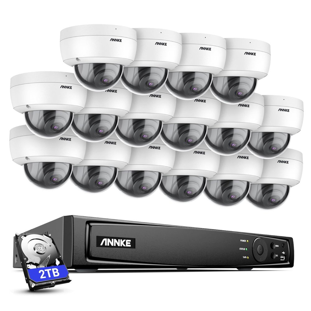 ANNKE PoE Security Camera System, 16CH 12MP 5-in-1 NVR Recorder, 16X 5MP Dome IP Built-in Mic Wired Cams, 2.8mm Lens, AI Motion Detection, Work with Alexa, Support 256GB TF Card (Excluded), 2TB HDD