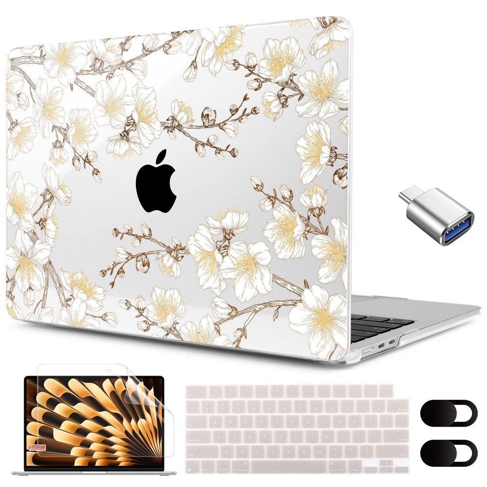 MEEgoodo for M4/M3/M2 MacBook Air 15.3 inch Case 2025 2024 2023, Case Fit Model (A3241/A3114/A2941) for MacBook Air 15 inch, Laptop Hard Shell with Keyboard Cover, Cherry Branches