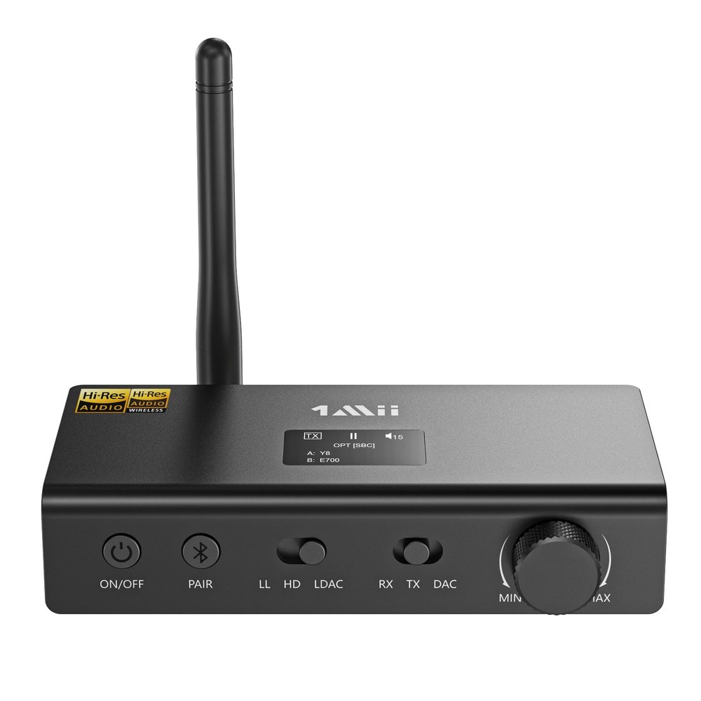 1Mii DS700 HiFi Bluetooth Audio Transmitter Receiver for TV, Long Range Wireless Adapter with Audiophile DAC, LDAC/aptX HD/aptX LL, OLED Display, Optical & Coaxial Input/Output, RCA Output Only