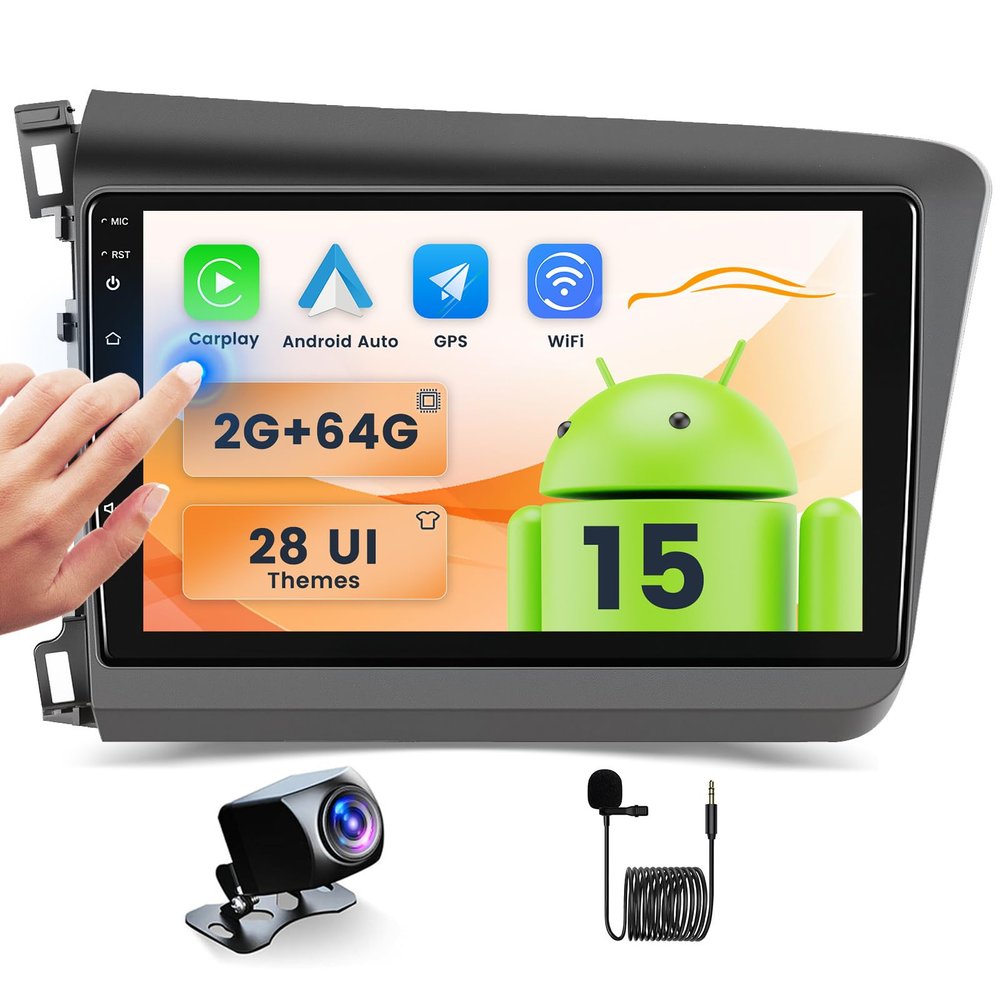 2+64GB Android Car Stereo for Honda Civic 2012-2015 Wireless Carplay Android Auto, 9 Inch Touchscreen Car Radio GPS Navi WiFi Bluetooth Backup Camera FM RDS Radio EQ SWC