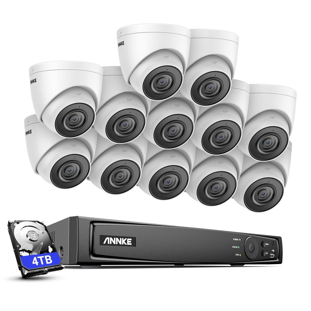 ANNKE Security Camera System PoE, 16CH NVR Recorder, 12X 5MP Turret IP Built-in Mic Wired Cams, 2.8mm Lens, AI Motion Detection, Alexa Support, 100ft Night Vision, Support 256GB TF Card, 4TB HDD