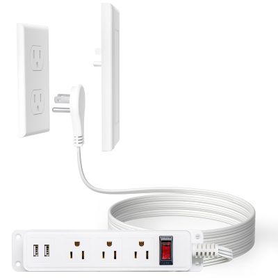 addlon Flat Plug Power Strip with Ultra-Thin Wall Plate, 10 FT Flat Extension Cord with 3 Standard 15A Outlets & 2 USB Ports, Electrocution Protection, Includes 2 Sets of Fixing Clip, ETL Listed