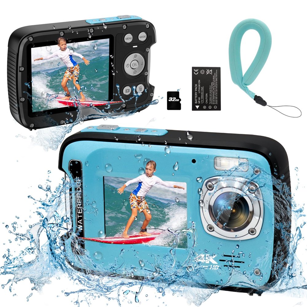 YEEIN Underwater Camera 4K 48MP Autofocus Selfie Dual Screen Waterproof Camera with Floating Strap and 32GB Card, 17FT Compact Waterproof Digital Camera, Fill Light Underwater Camera for Snorkeling