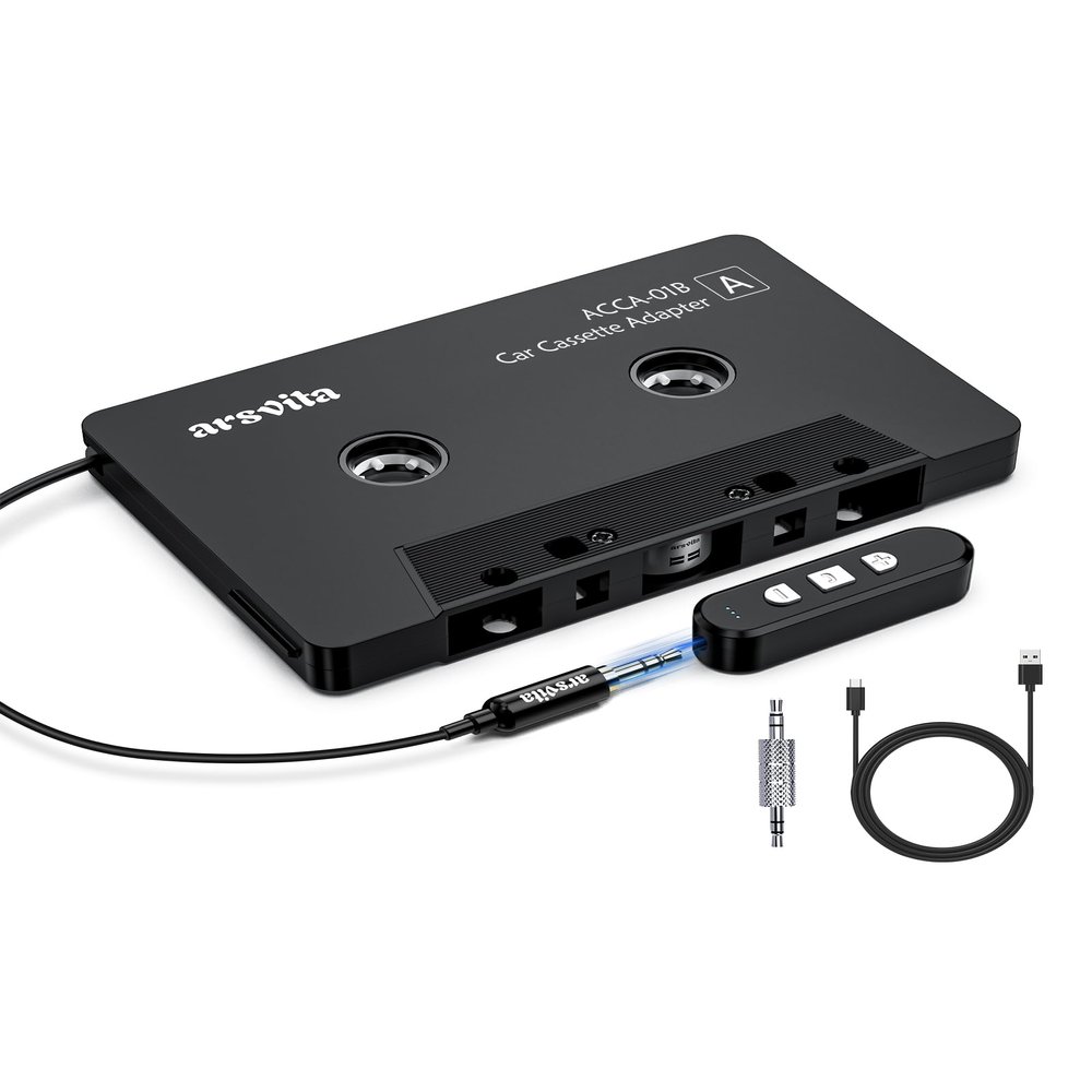 arsvita 5.1 Bluetooth Cassette Adapter with 3.5mm Aux Cable Tape, Black