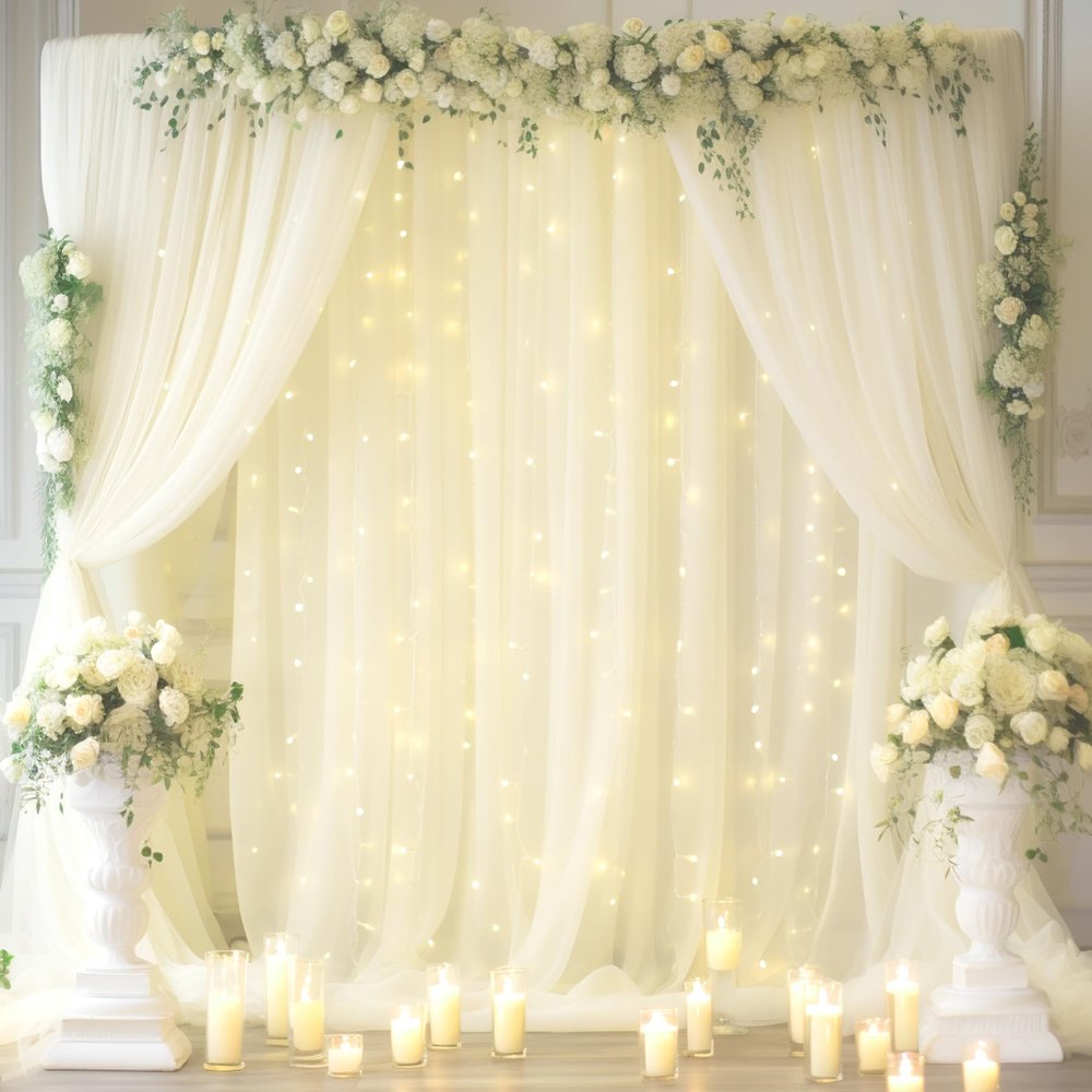 30x8ft Ivory Tulle Backdrop Curtain with Lights String for Parites, Sheer Backdrop Curtains for Wedding Baby Shower Birthday Party Photo Shoot Decorations