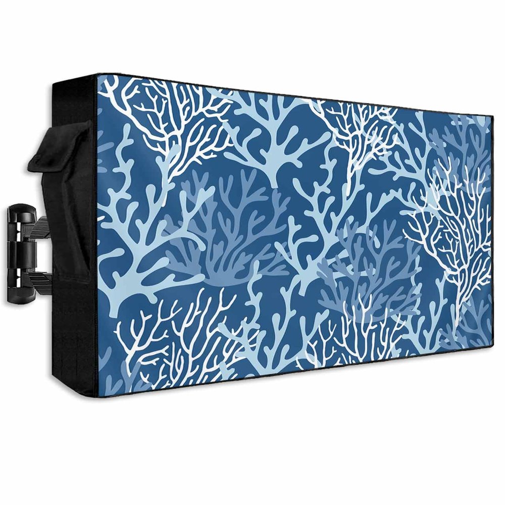 FALABON88 Outdoor TV Cover 55 Inch, Weatherproof Waterproof Ocean Beach Coral Outside TV Covers with Zipper Flap, Navy Blue 600D TV Enclosure Protector for Outside Flat Screen TV