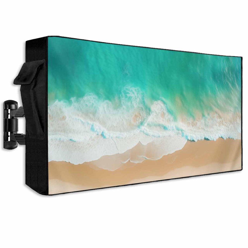 FALABON88 Outdoor TV Cover 55 Inch, Weatherproof Waterproof Ocean Green Waves Outside TV Covers with Zipper Flap, Watercolor Sand Summer 600D TV Enclosure Protector for Outside Flat Screen TV