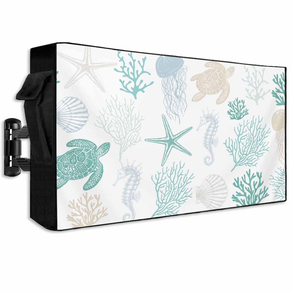 FALABON88 Outdoor TV Cover 55 Inch, Weatherproof Waterproof Coral Starfish Outside TV Covers with Zipper Flap, Summer Ocean 600D TV Enclosure Protector for Outside Flat Screen TV