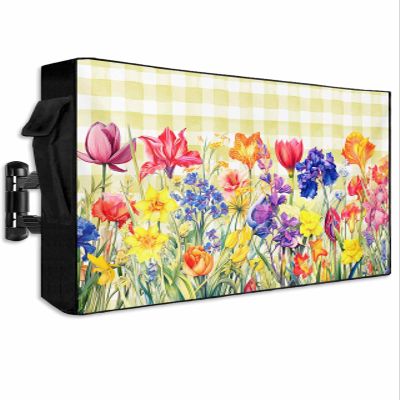 FALABON88 Outdoor TV Cover 55 Inch, Weatherproof Waterproof Elegant Tulip Floral Flower Outside TV Covers with Zipper Flap, Yellow Buffalo Plaid 600D TV Enclosure Protector for Outside Flat Screen TV