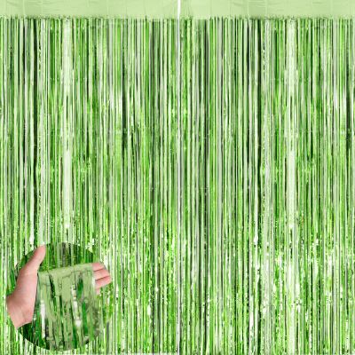 Light Green Metallic Tinsel Foil Fringe Curtains, 2 Pack 3.3x8.3 Feet Party Streamer for Birthday Party Decorations, Halloween Decor, Foil Curtain for Christmas Party