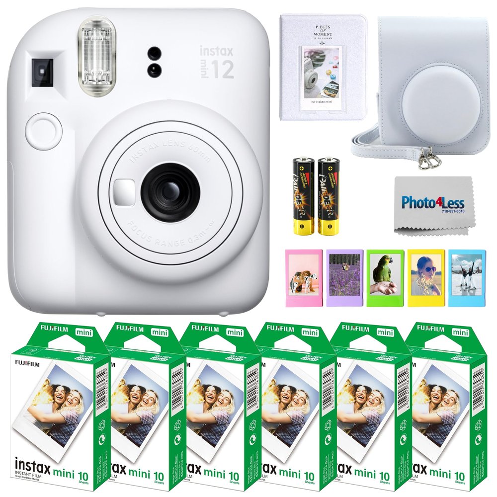 Fujifilm Instax Mini 12 Instant Camera Bundle with Fujifilm Instax Mini Instant Film Value Pack (60 Sheets) with Accessories Including Protective Case, Strap, Photo Album (Clay White)