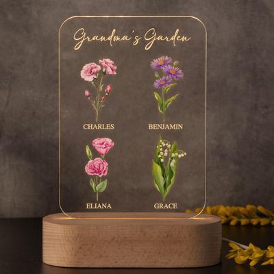 Lily's Atelier Gifts for Mom, Grandma, Custom Engraved Night Light with Kids' Names, Text & Birthflowers for Mother - Custom Grandma's Garden Gifts, Mothers Day Gifts from Daughter, Son, 1 Flower