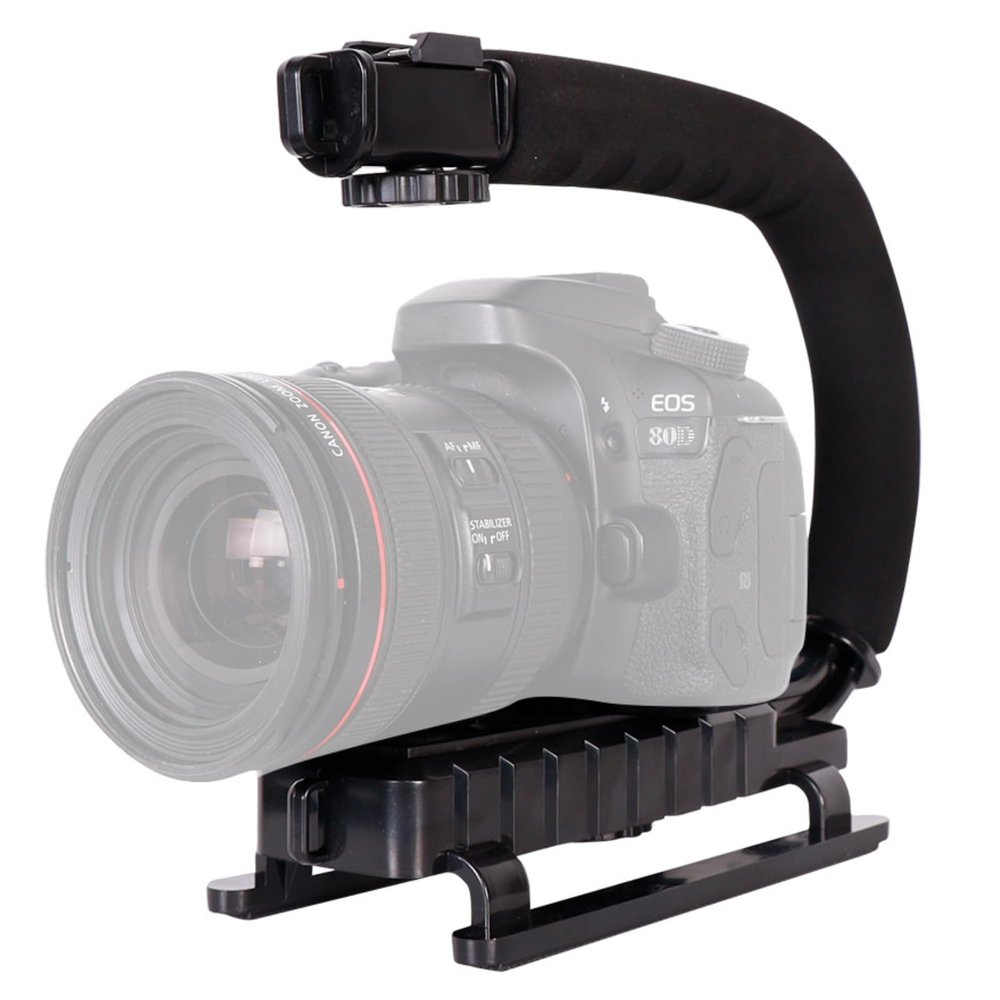 Video Action Stabilizing Handle Grip, Professional C Shape Video Stabilizers with 3cold Shoe, 1/4in Slidable Screw Handheld Camera Stabilizer, for SLR Cameras, Family DV Cameras
