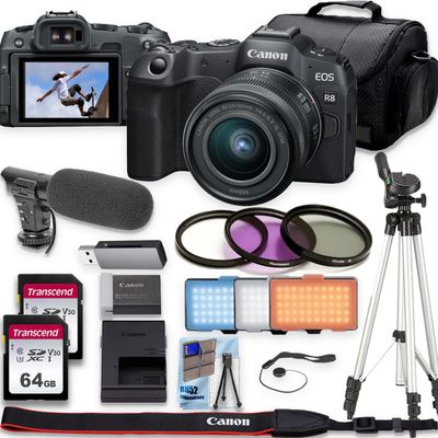 Canon EOS R8 4K Video Recording Mirrorless Camera with 24-50mm + 50 Tripod+Shoulder Bag+2 X 64GB Fast Memory + Deluxe Accessory Bundle (Renewed), Black