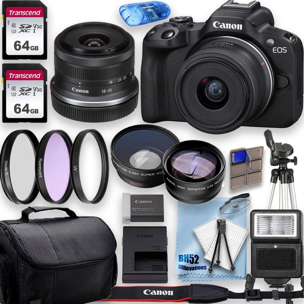 Canon EOS R10 4K Video Recording Mirrorless Camera with 18-45mm Lens, 2 X 64GB Fast Transcend Memory + Deluxe Accessory Bundle, Black (Renewed)