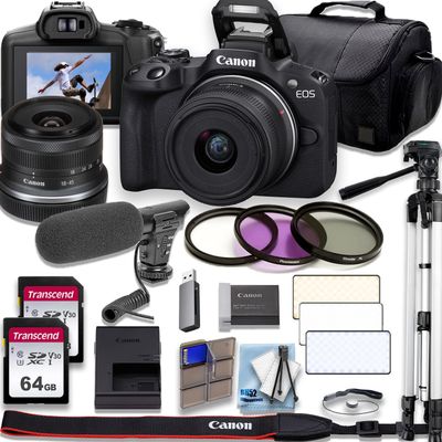 Canon EOS R10 4K Video Recording Mirrorless Camera with 18-45mm + 50 Tripod+Shoulder Bag+2 X 64GB Fast Memory + Deluxe Accessory Bundle (Renewed), Black
