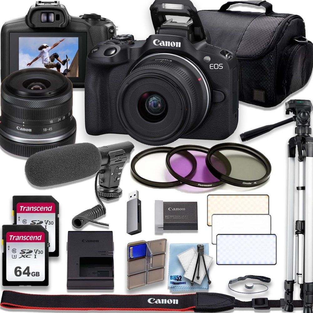 Canon EOS R10 4K Video Recording Mirrorless Camera with 18-45mm + 50 Tripod+Shoulder Bag+2 X 64GB Fast Memory + Deluxe Accessory Bundle (Renewed), Black