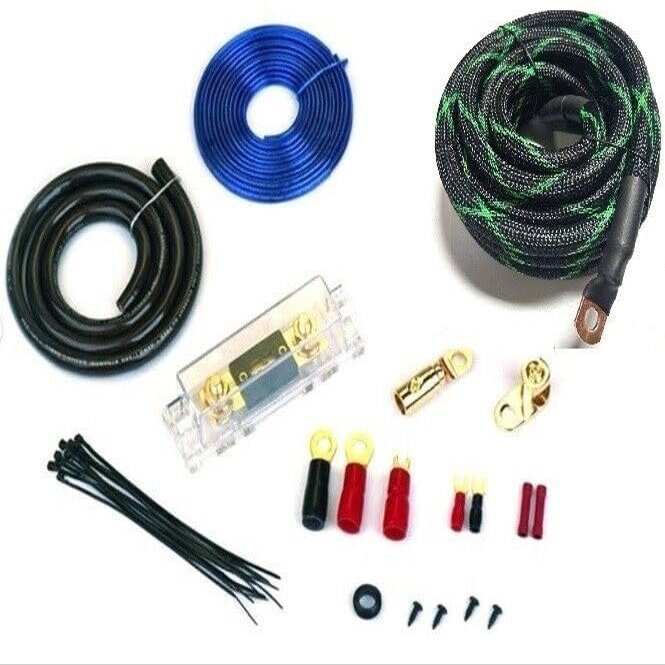 225FWY 1/0 Gauge 100% Copper Snakeskin Braided Sleeving Amplifier Wiring Install Kit 5000 Watts (Black/Green)