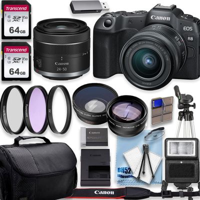 Canon EOS R8 4K Video Recording Mirrorless Camera with 24-50mm Lens, 2 X 64GB Fast Transcend Memory + Deluxe Accessory Bundle (Renewed), Black