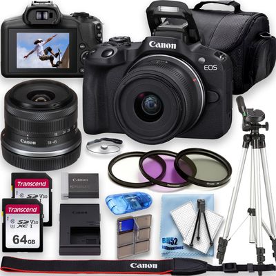 Canon EOS R10 4K Video Recording Mirrorless Camera with 18-45mm Lens, 2 X 64GB Fast Transcend Memory + Deluxe Accessory Bundle, Black (Renewed)
