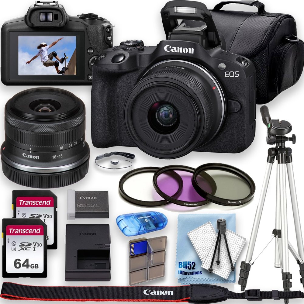 Canon EOS R10 4K Video Recording Mirrorless Camera with 18-45mm Lens, 2 X 64GB Fast Transcend Memory + Deluxe Accessory Bundle, Black (Renewed)