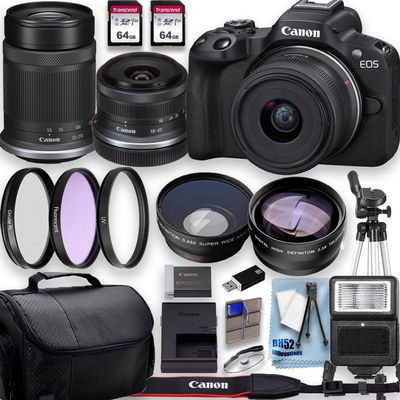 Canon EOS R10 4K Video Recording Mirrorless Camera with 18-45mm and Canon RF-S 55-210mm f/5-7.1 is STM Lenses + 2 X 64GB Fast Transcend Memory + Deluxe Accessory Bundle, Black (Renewed)