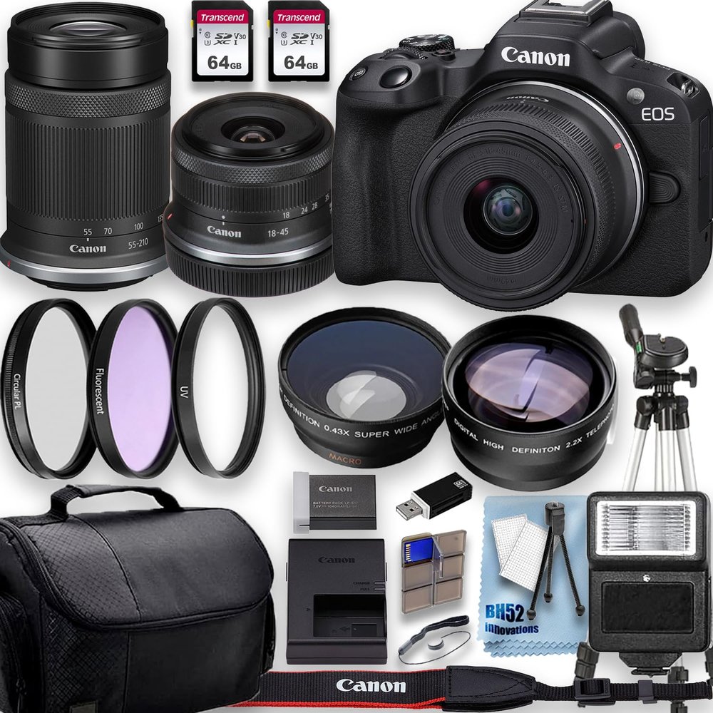 Canon EOS R10 4K Video Recording Mirrorless Camera with 18-45mm and Canon RF-S 55-210mm f/5-7.1 is STM Lenses + 2 X 64GB Fast Transcend Memory + Deluxe Accessory Bundle, Black (Renewed)