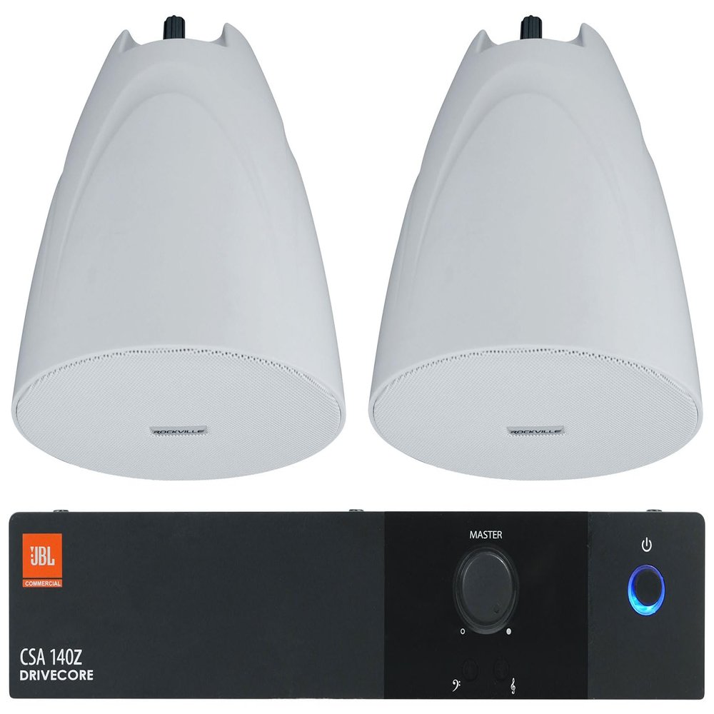Audiosavings Bundle: (1) JBL CSA 140Z 40w Commercial 70v Amplifier Amp For Restaurant/Bar/Cafe Bundle with (2) Rockville PEN-525T White 5.25" 70V Hanging Pendant Speaker Commercial/Restaurant (3 Item)
