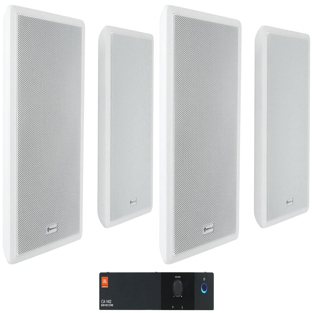 Audiosavings Bundle: (1) JBL CSA 140Z 40w Commercial 70v Amplifier Amp for Restaurant/Bar/Cafe Bundle with (4) Rockville RockSlim 70W White 5.25" 70v Commercial Restaurant Wall Speakers (5 Items)