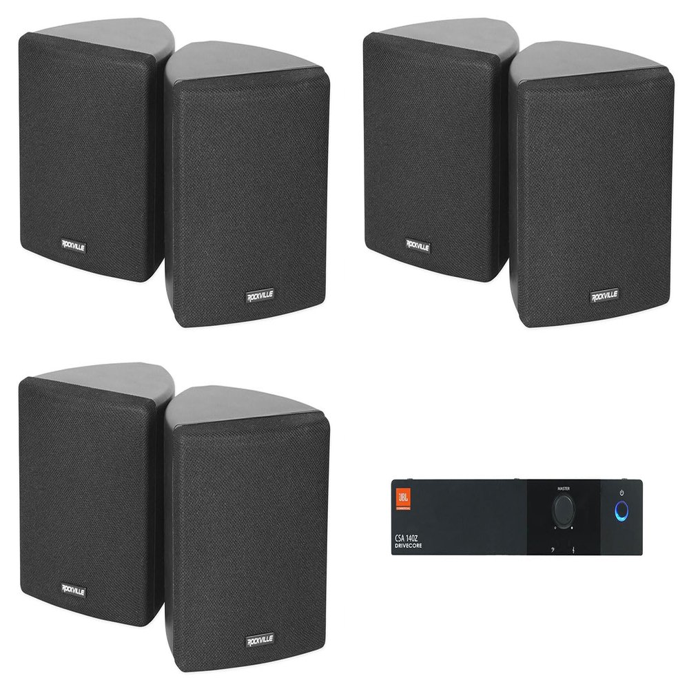 Audiosavings Bundle: (1) JBL CSA 140Z 40w Commercial 70v Amplifier Amp for Restaurant/Bar/Cafe Bundle with (6) Cube by Rockville 3.5" Black Commercial 70v Swivel Wall Mount Speakers (7 Items)