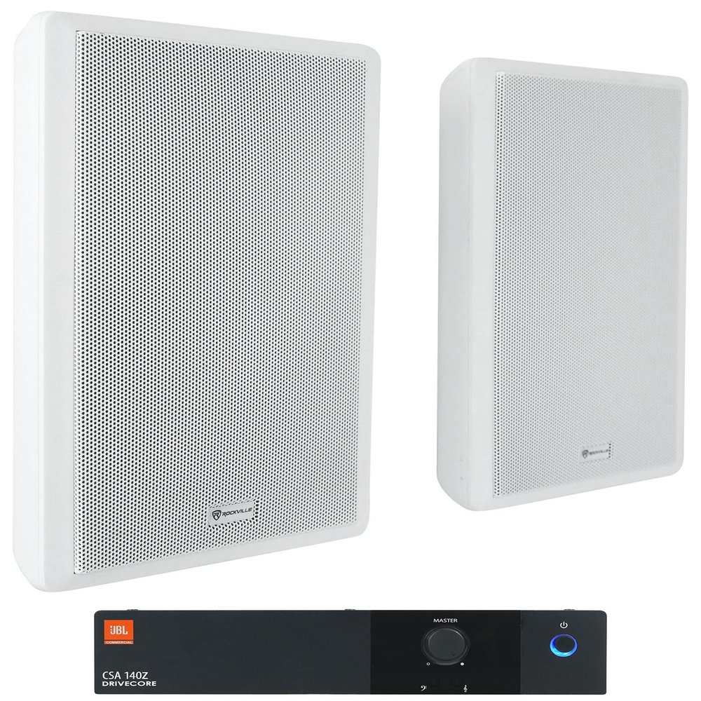 Audiosavings Bundle: (1) JBL CSA 140Z 40w Commercial 70v Amplifier Amp for Restaurant/Bar/Cafe Bundle with (2) Rockville RockSlim 70W White 5.25" 70v Commercial Restaurant Wall Speakers (3 Item)