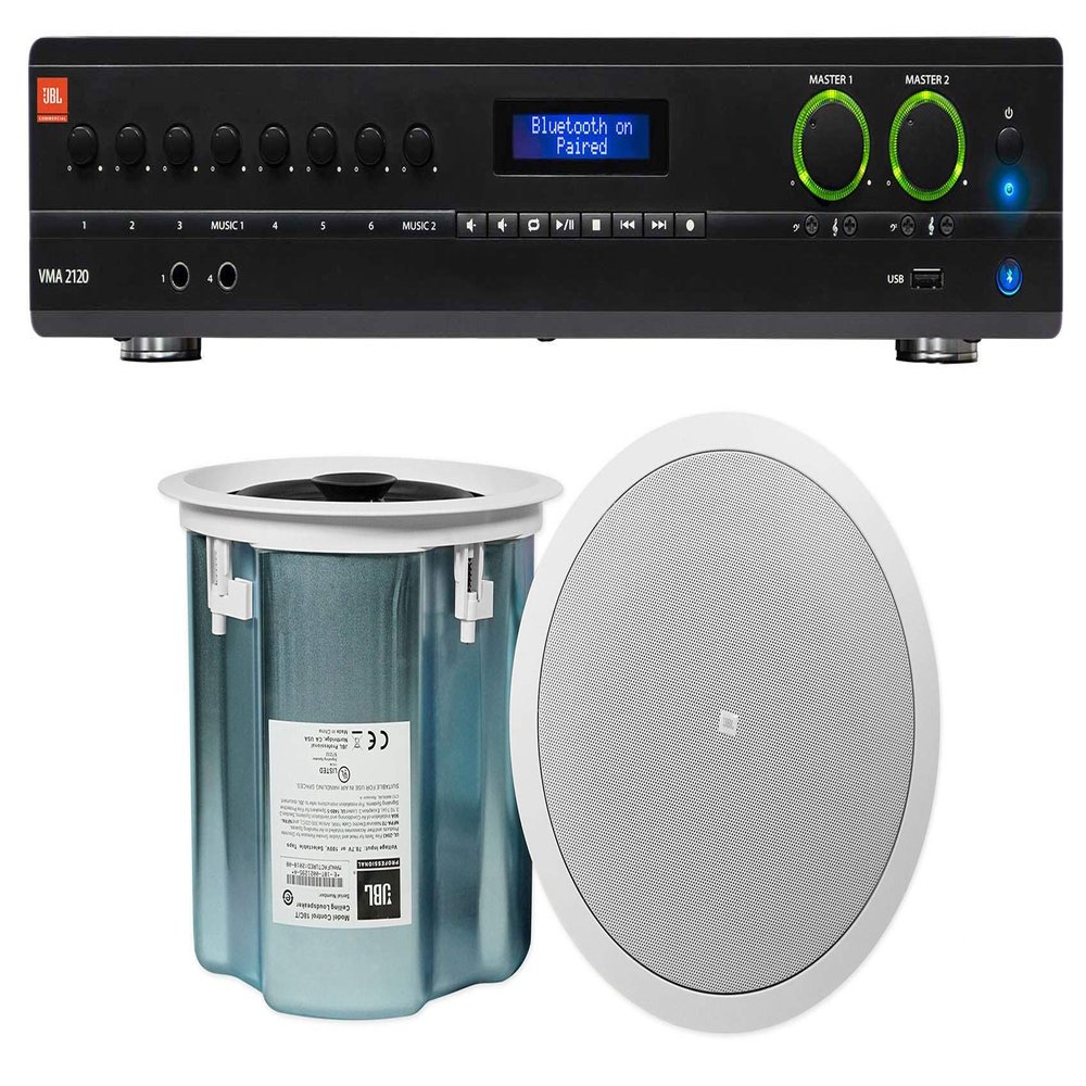 Audiosavings Bundle: (1) JBL VMA2120 2-Ch. Commercial/Restaurant 120W 70V Bluetooth Amplifier Bundle with (1) JBL Control 18C/T 8" 60w 70v in-Ceiling Speakers (2 Items)