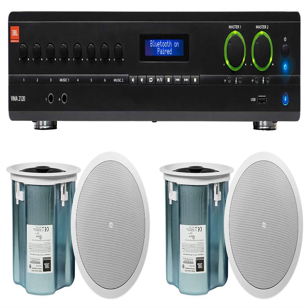 Audiosavings Bundle: (1) JBL VMA2120 2-Ch. Commercial/Restaurant 120W 70V Bluetooth Amplifier Bundle with (2) JBL Control 18C/T 8" 60w 70v in-Ceiling Speakers (3 Items)