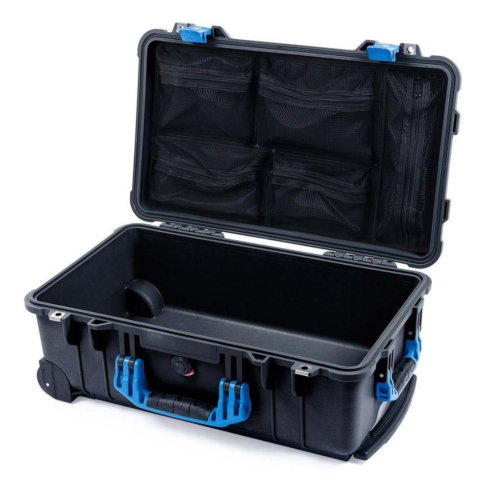 Black Pelican 1510 Carry-on Case - Comes empty with Mesh Lid Organizer Only - Blue Handles & Latches.