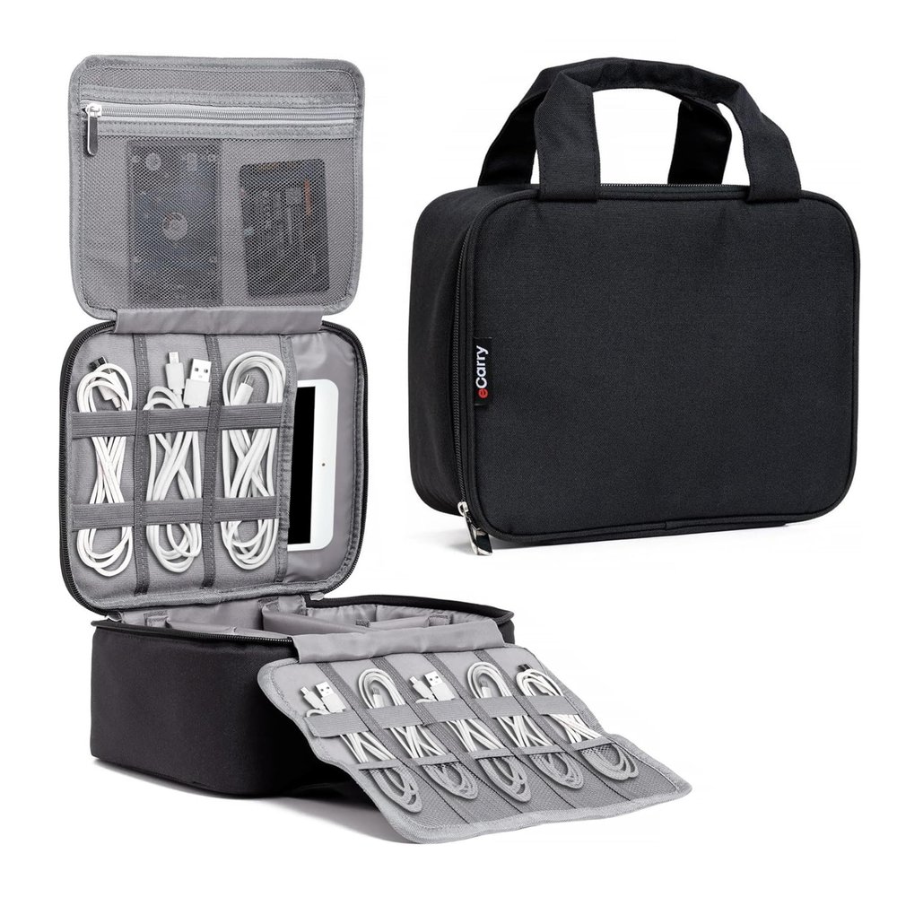 eCarry Electronics Organizer Case - Multi-Layer Full Flat Opening With Compartments and Pockets - Cord Organizer for Accessories, Cables, Electronics Travel