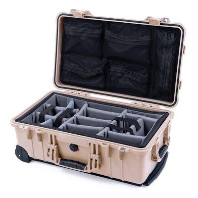 Desert Tan Pelican Protector 1510 Carry-on Case - With Grey Padded Dividers & Mesh Lid Organizer.